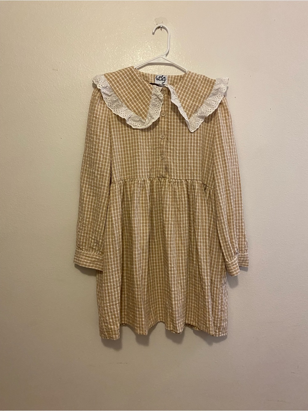 Lola may cottage core mini dress with Peter Pan collar tan gingham